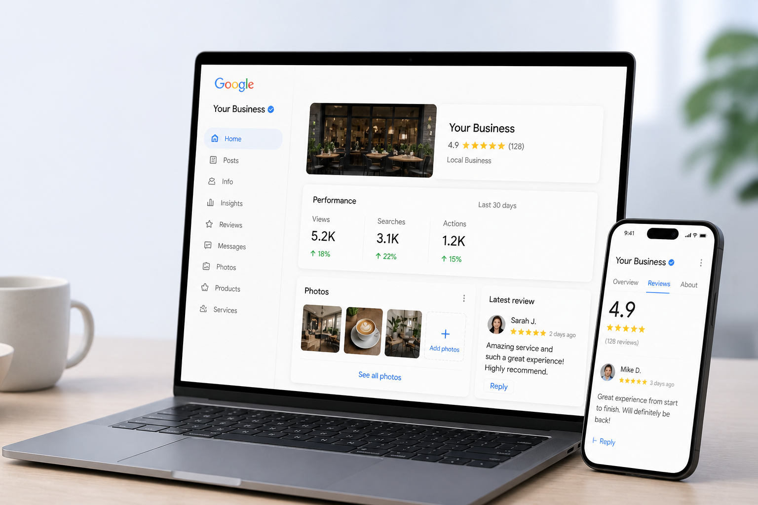 Laptop and smartphone displaying Google Business Profile dashboard, showcasing performance metrics like views and searches, emphasizing local business optimization and engagement.