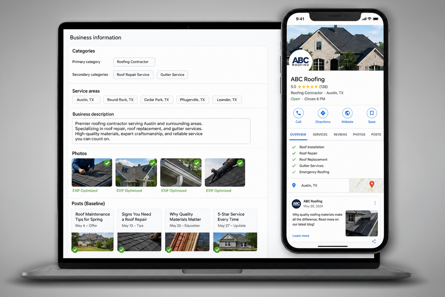 Laptop and smartphone displaying Google Business Profile for ABC Roofing, featuring business information, service categories, and photos, illustrating local business optimization for enhanced visibility in search results.