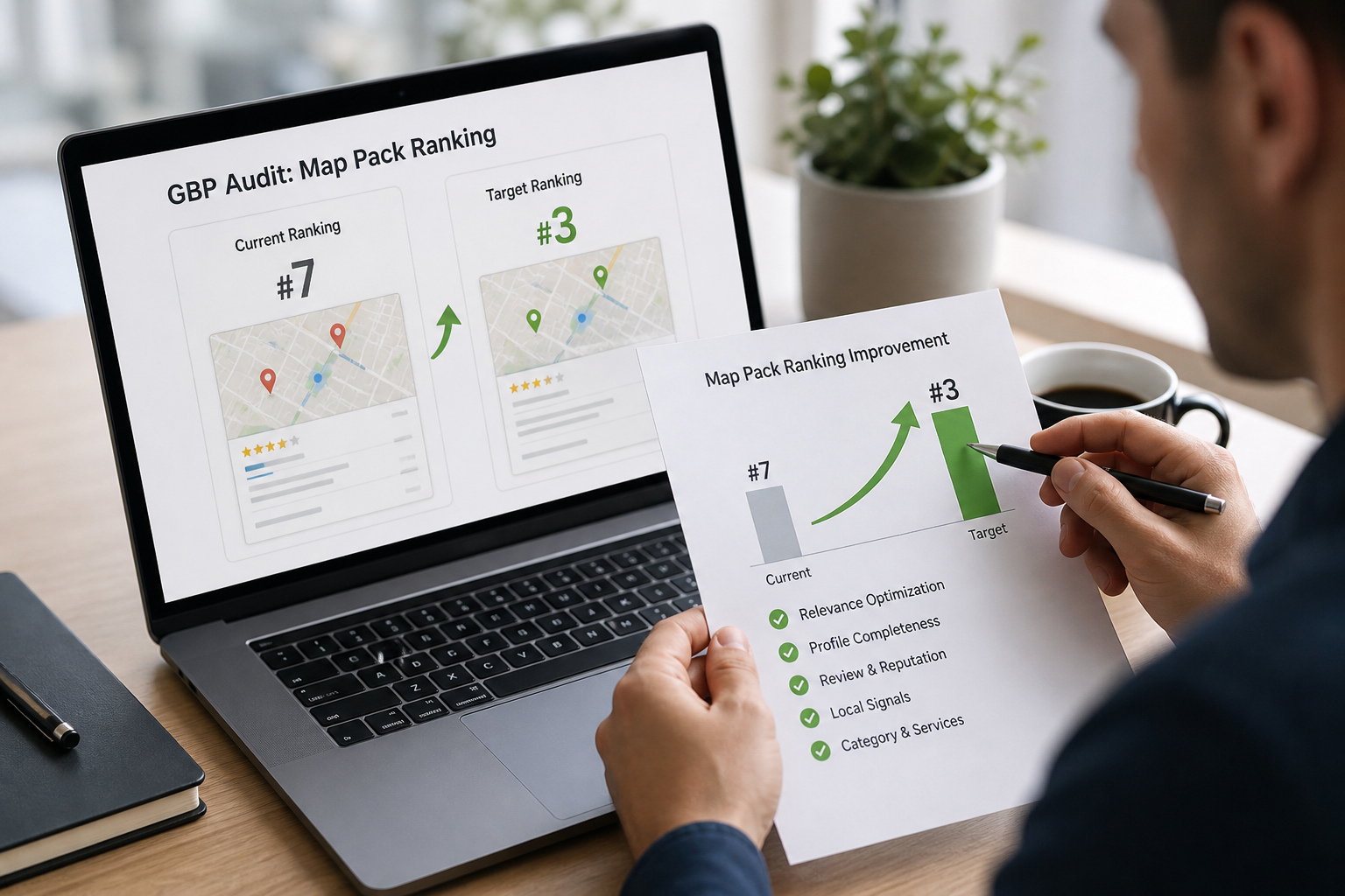 GBP audit showing map pack ranking improvement from #7 to #3, with a focus on relevance optimization, profile completeness, review and reputation, local signals, and category & services.