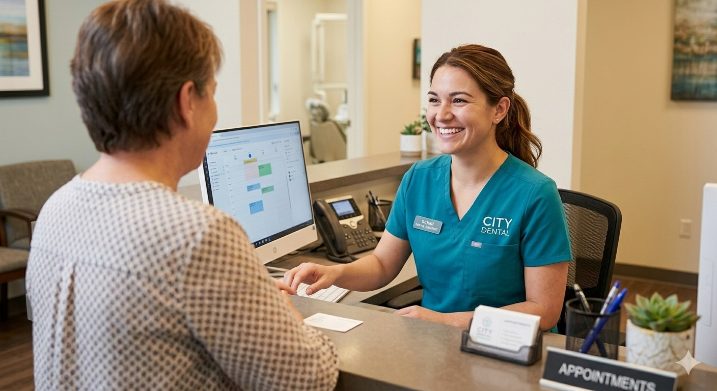 Dental receptionist assisting a patient at City Dental office, showcasing a welcoming environment and digital appointment scheduling.