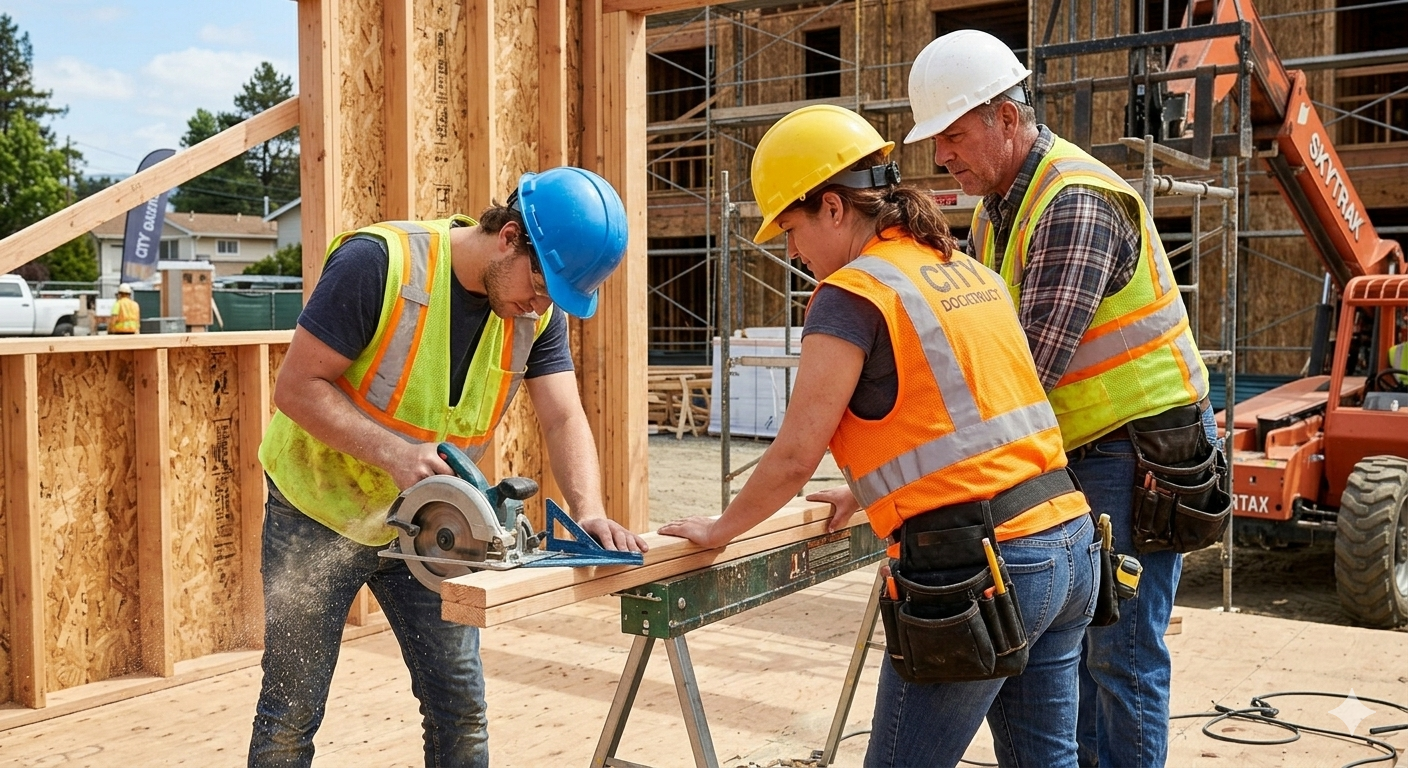 Construction workers collaborating on a building site, using tools and measuring wood, emphasizing teamwork and local business efforts in digital marketing.